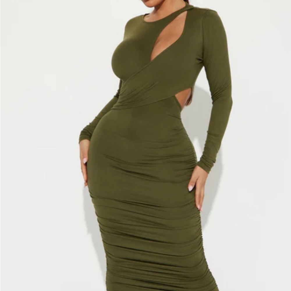 Elegant Olive Green Cut-Out Dress